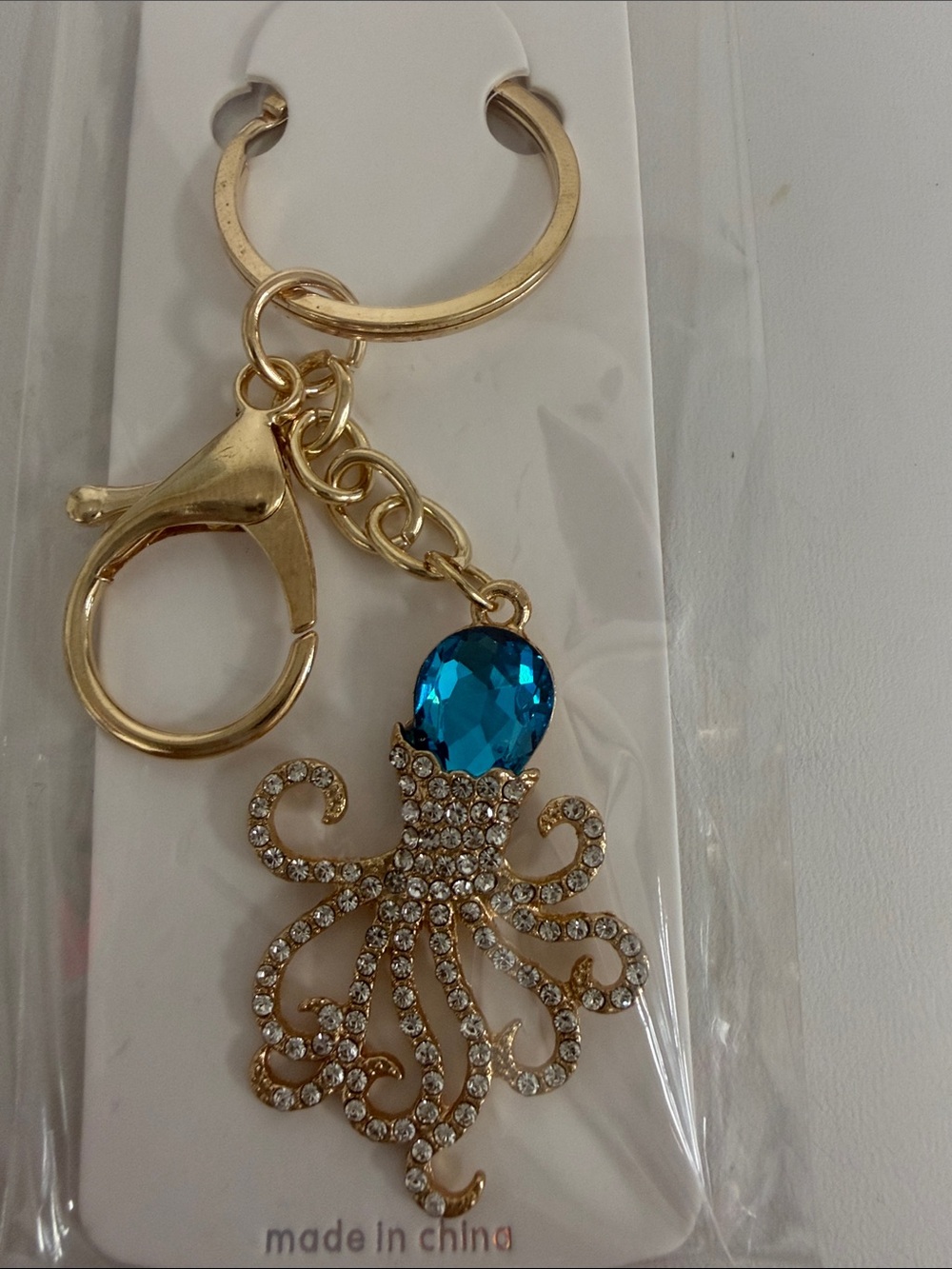 Gold Octopus Crystal Keychain with Blue Gem